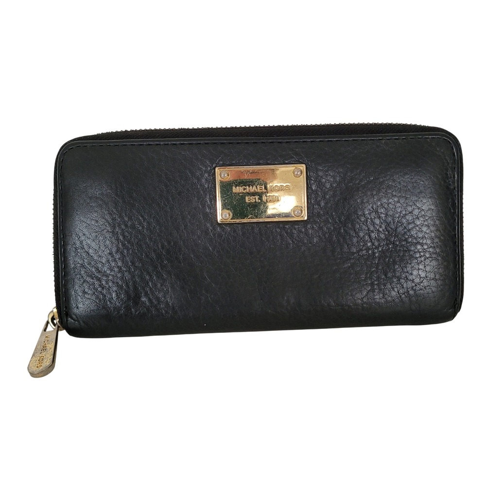 Michael Kors Fulton Black Pebbled Leather Zip Around Continental Wallet Gold